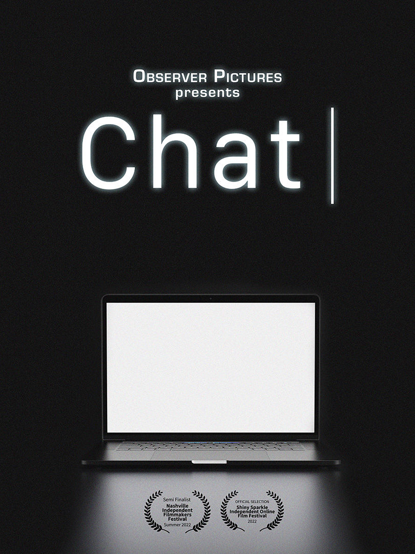 Chat is large white letters over a laptop screen that glows a bright white. The entire background is black.