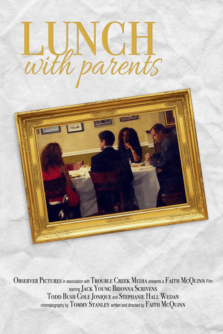 Lunch with Parents in large gold type over a framed picture of an older woman and man sitting at a restaurant table with a younger woman and man